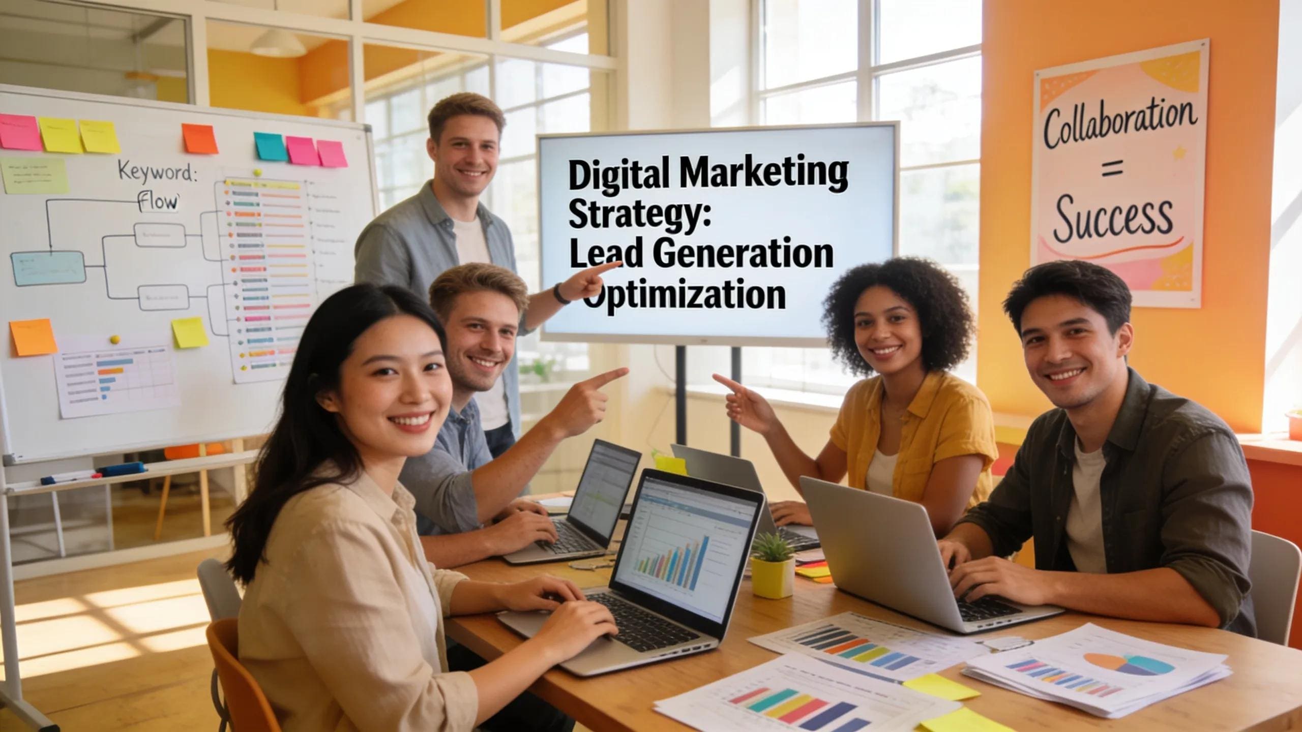 Team collaborating on digital marketing strategies in an inviting workspace