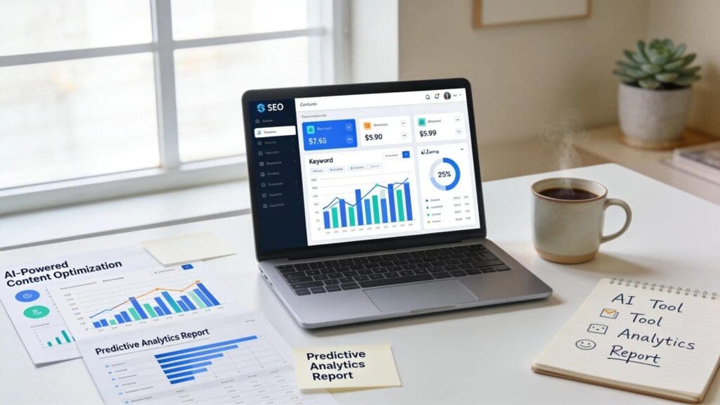 Modern office workspace with SEO software and marketing materials for business growth