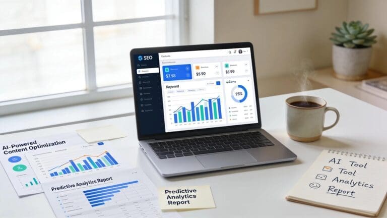 Modern office workspace with SEO software and marketing materials for business growth