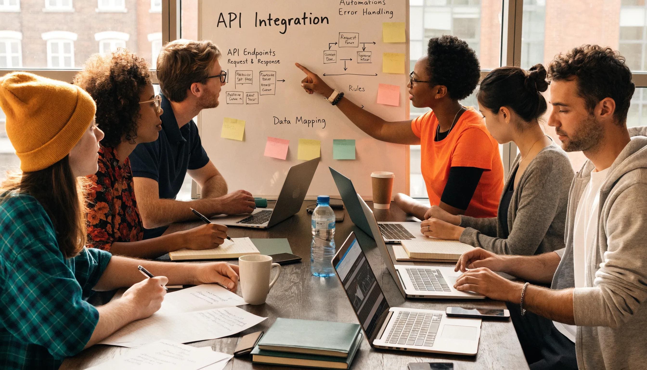 A diverse team collaborating on marketing automation API integration strategies in a conference room setting