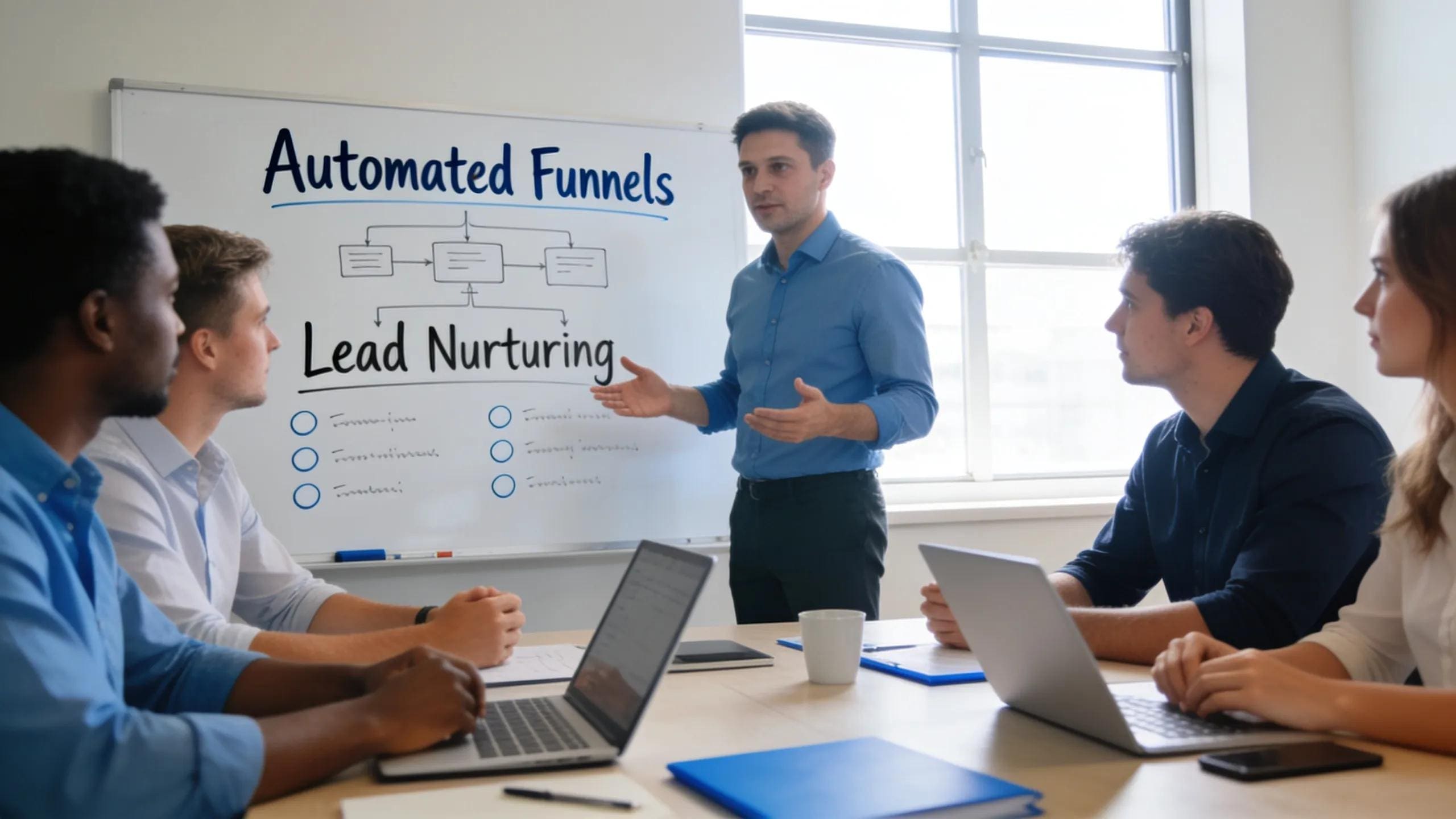 Team in a meeting room discussing automated funnels for improved lead capture and follow-up.