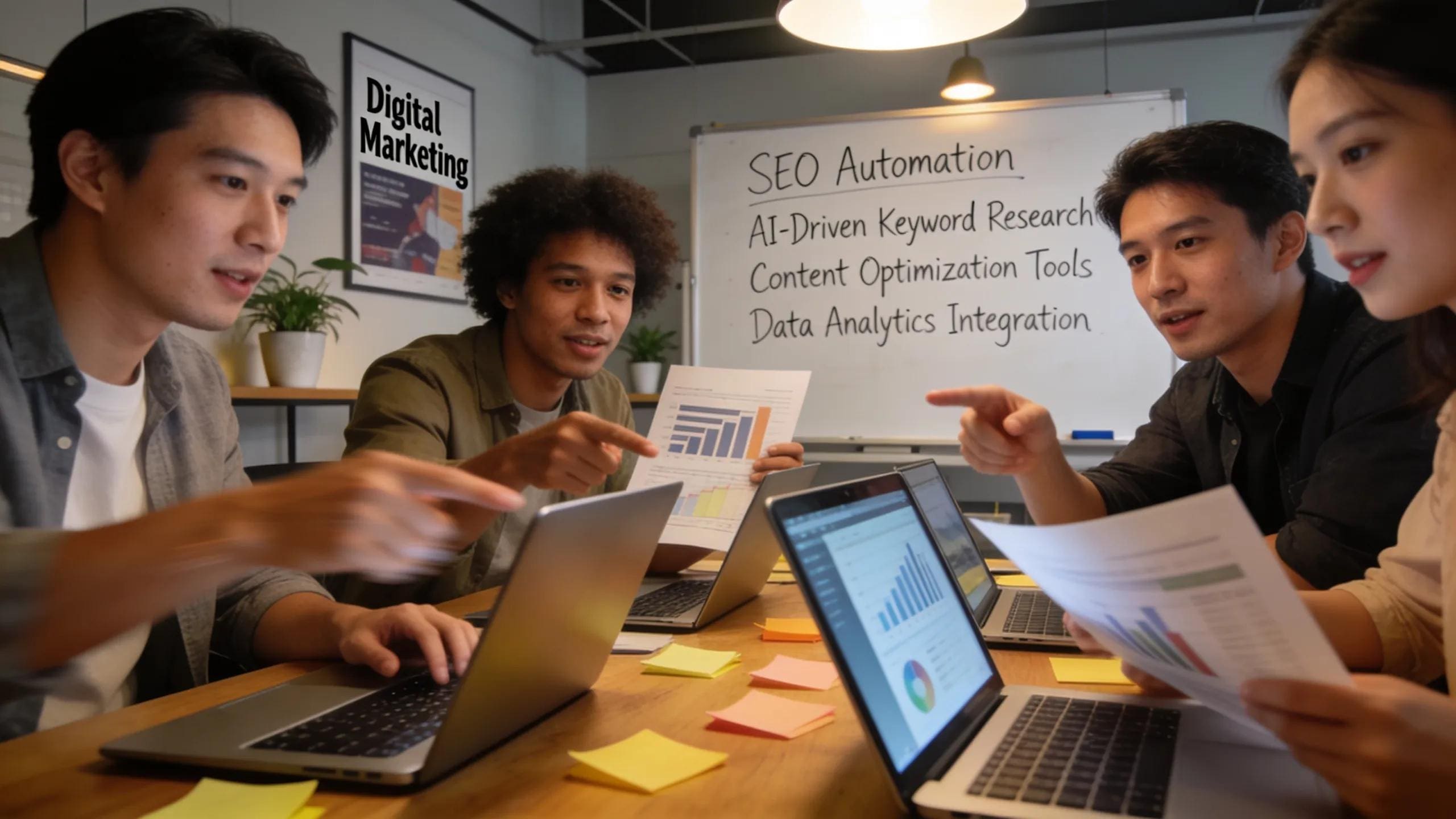 Team brainstorming over SEO strategies highlighting automation benefits in campaign effectiveness