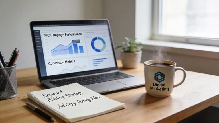 Professional workspace showcasing a laptop and notes, emphasizing digital marketing strategy