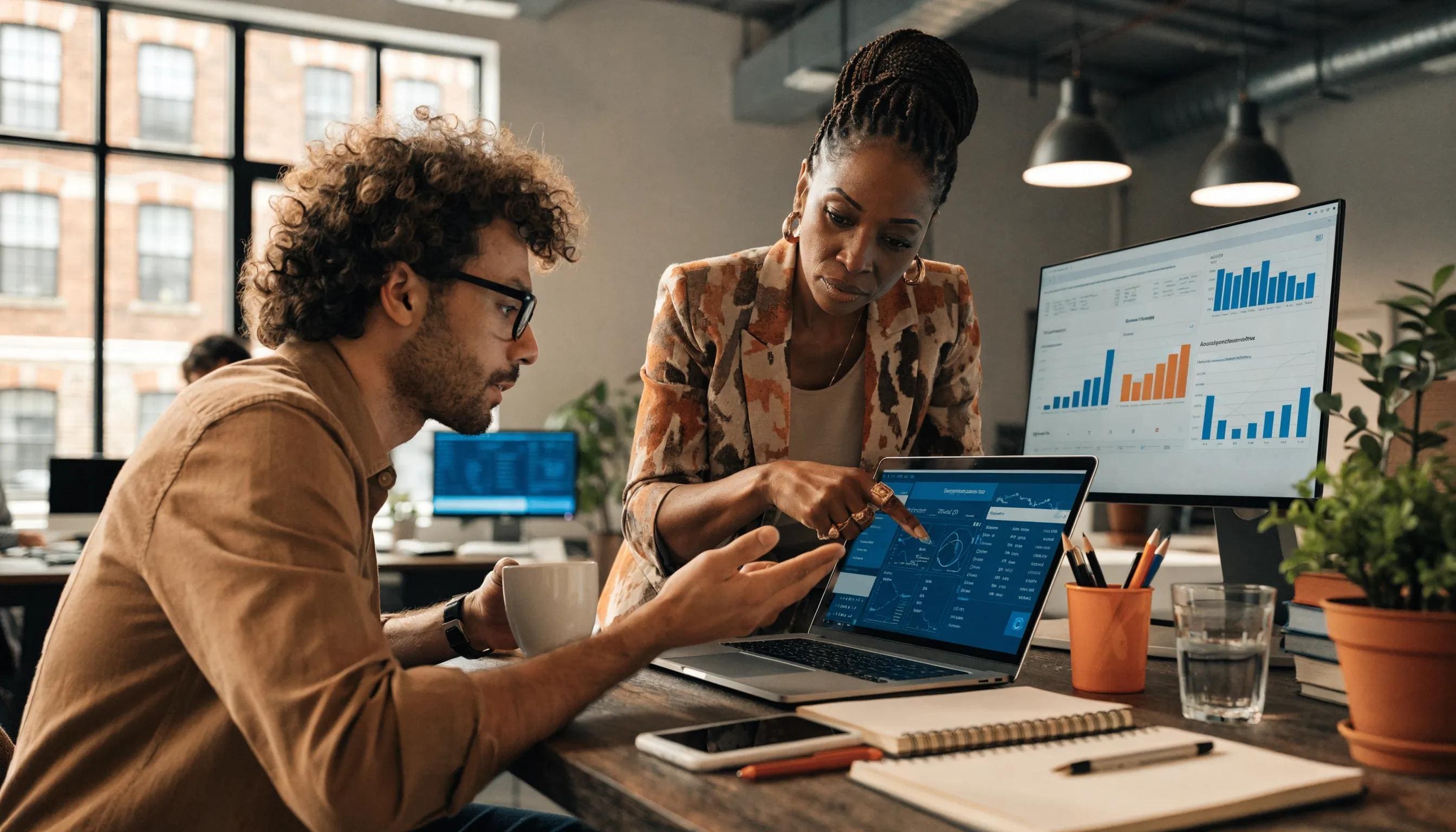 Business owner and digital marketing consultant discussing performance reports showcasing AI SEO agency impact