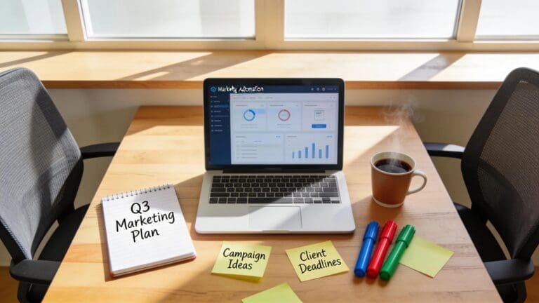 A well-organized desk with a laptop, planner, and coffee cup, symbolizing productivity and marketing automation in agencies