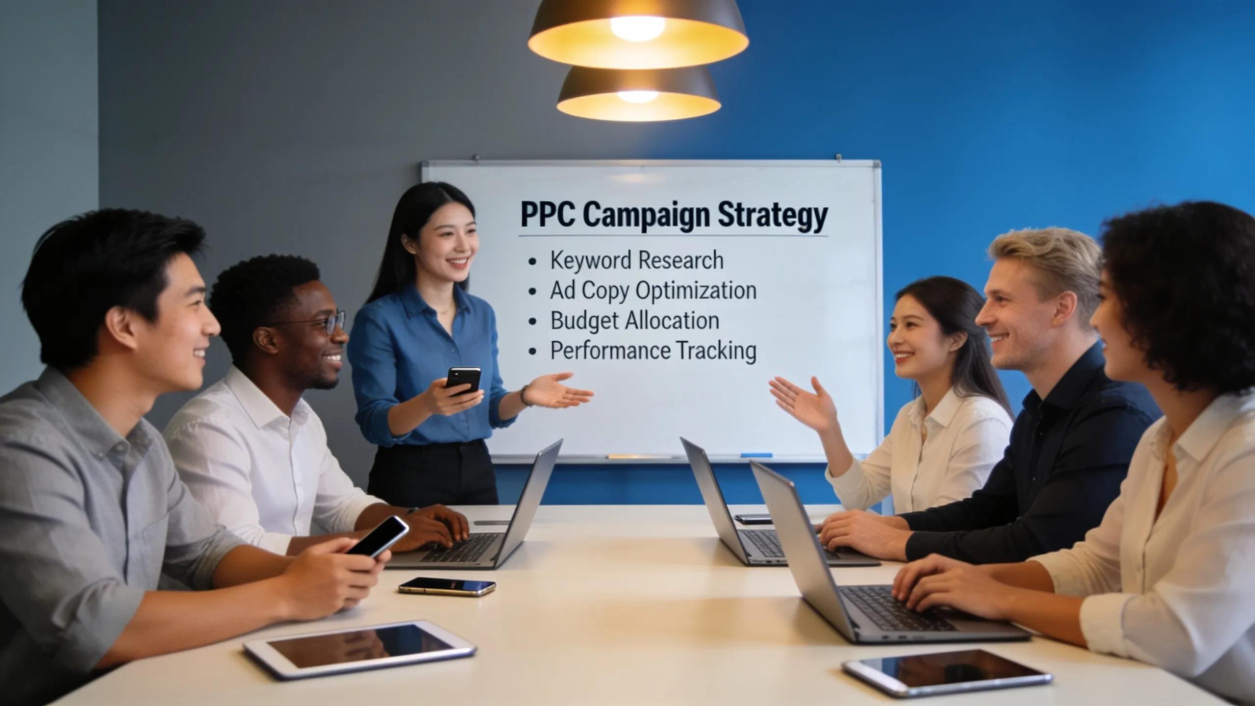 Team of professionals collaborating on PPC campaign strategies, highlighting teamwork in advertising