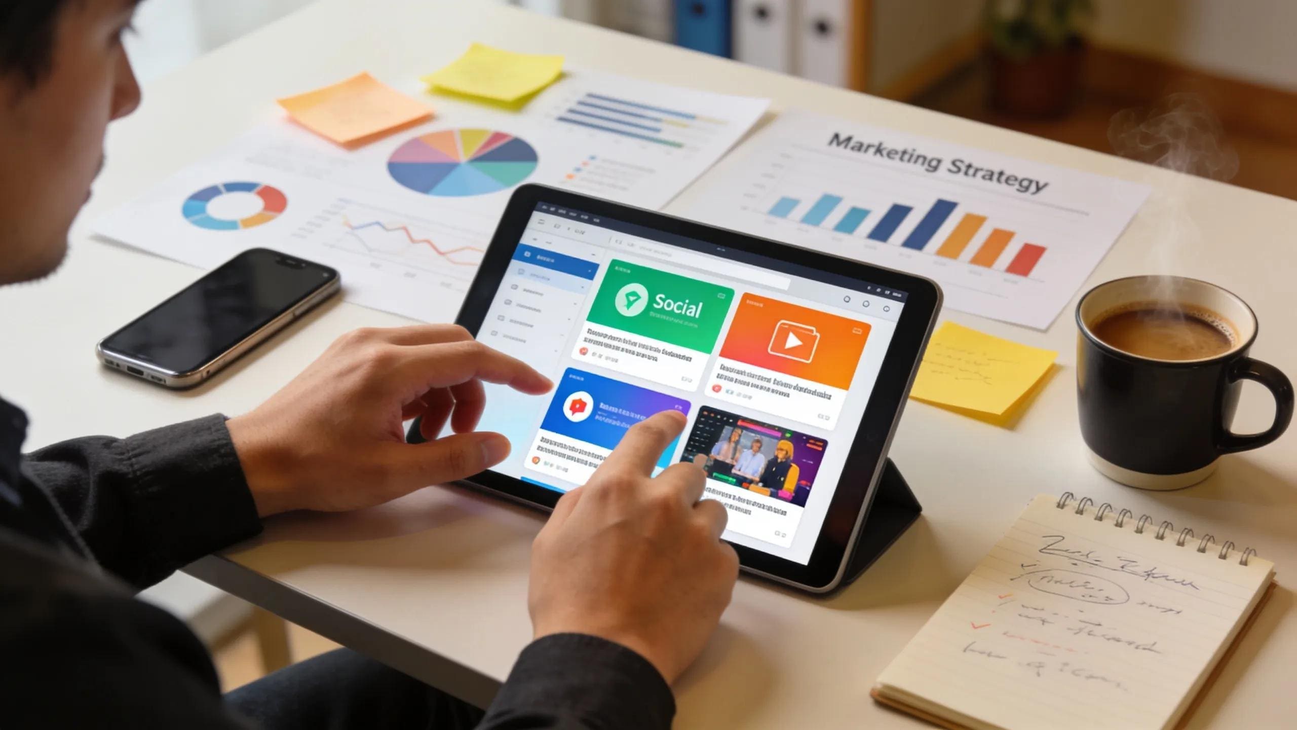 An employee using a tablet to enhance social media posts, illustrating effective workflow automation for agencies